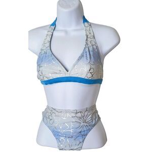 Girls Bikini Set Silver & Blue Lg Floral Halter Full Bum Coverage
